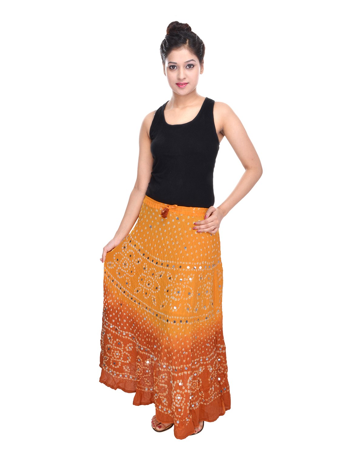 Soundarya Women's Cotton Long Skirt(RS3027, 38, Yellow and Brown)