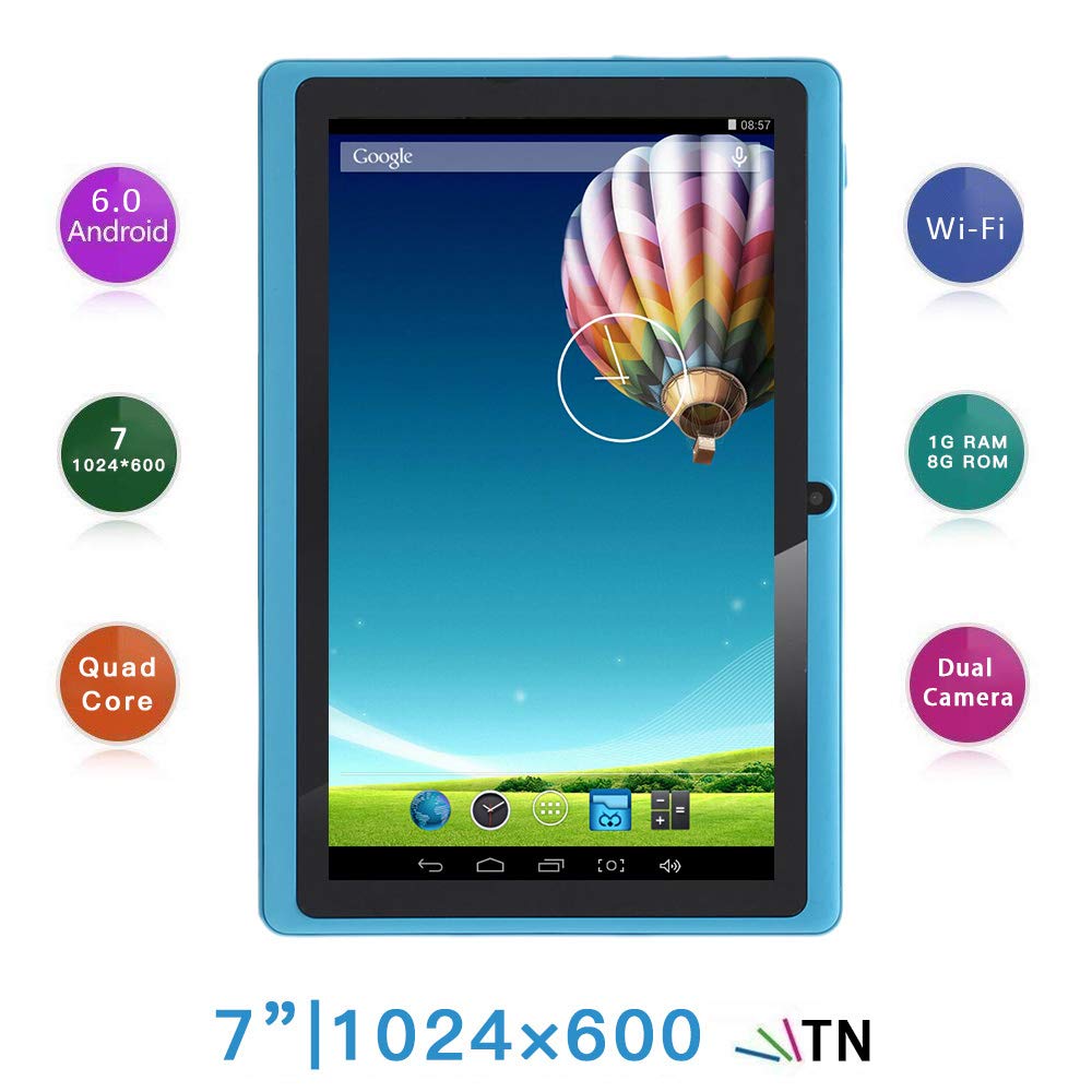 Haehne 7 Pouces Tablette Tactile, Google Android 6.0 Quad Core Tablet PC, Écran 1024x600 HD, 1Go RAM 8Go ROM, Double Caméras, WiFi, Bluetooth, Bleu Ciel