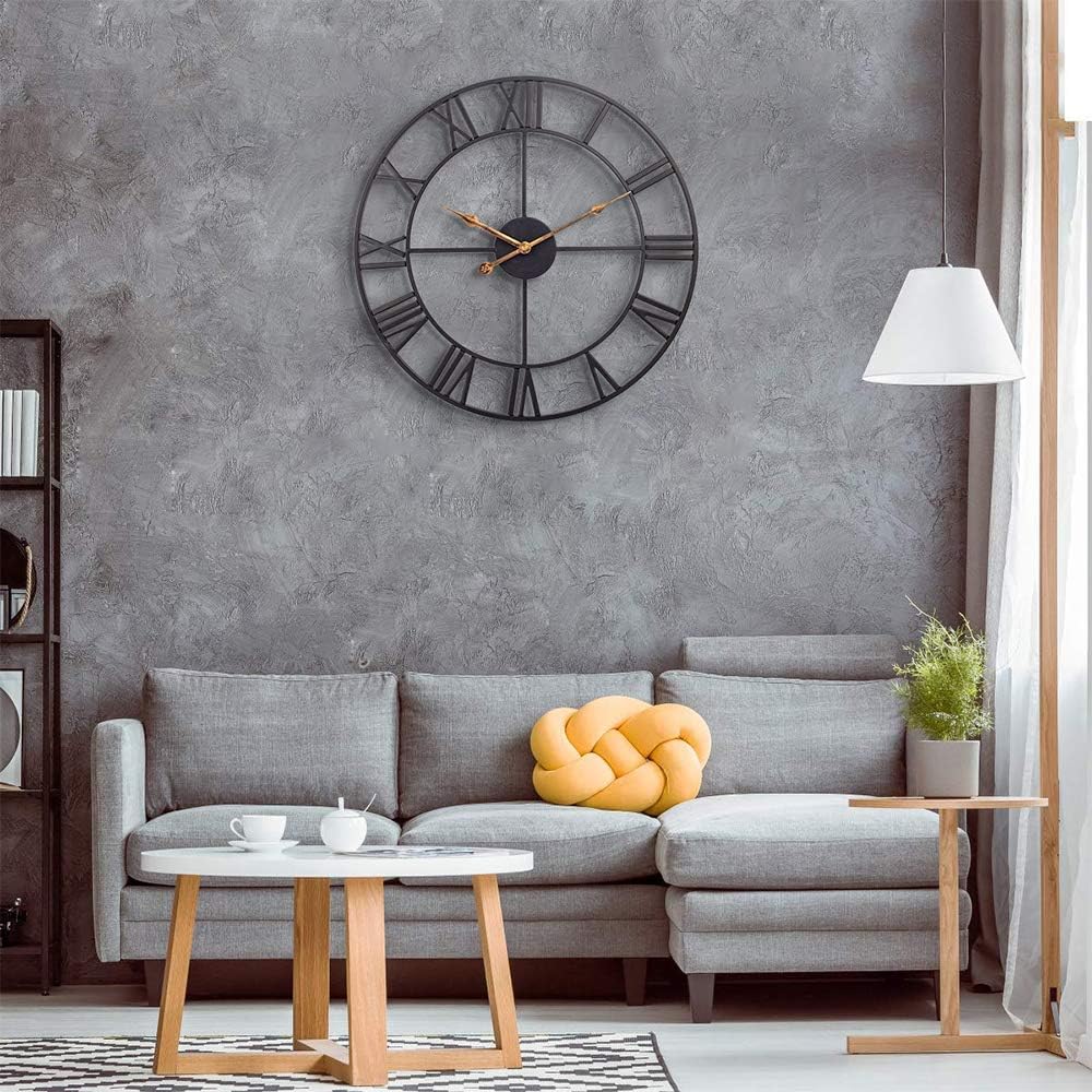 60cm Large Home Decor Wall Clock for Living Room Non Ticking Iron Art Clocks Roman Numeral,Retro Distressed Metal,Oversized (60cm, Black)