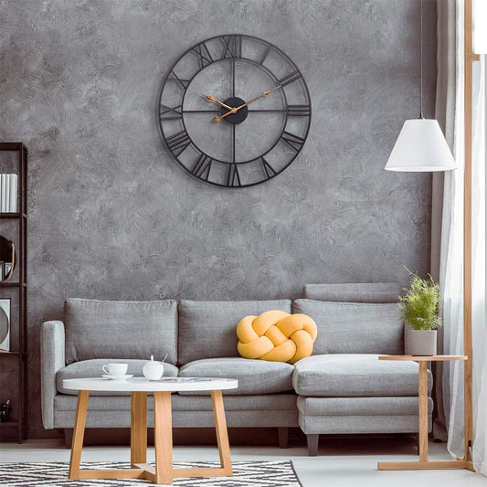 60cm Large Home Decor Wall Clock for Living Room Non Ticking Iron Art Clocks Roman Numeral,Retro Distressed Metal,Oversized (60cm, Black)