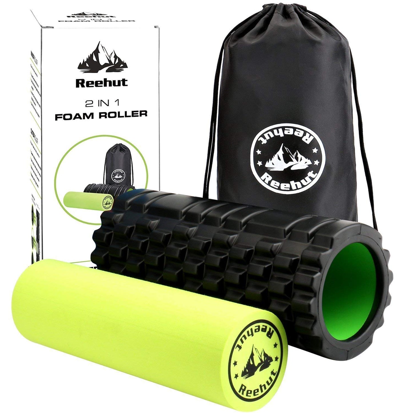 Reehut 2-in-1 Foam Roller Trigger Point Massage for Painful, Tight Muscles + Smooth Rollers for Rehabilitation! Free User E-Book + Free Carry CASE! Black