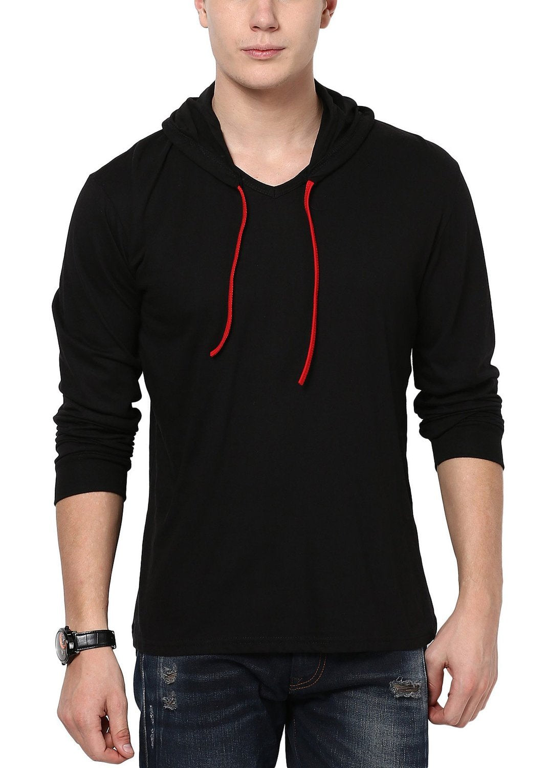 STYLE SHELL Men's Hooded Full Sleeve Cotton T-Shirt (X-Large, Black)