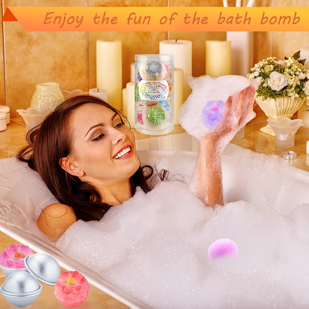Caydo 176 Pieces DIY Bath Bomb Molds Set with Instructions Including 12 Pieces 3 Size DIY Metal Bath Bomb Molds Spoons Wrapping papers Shrink Wrap Bags for Crafting Your Own Fizzies