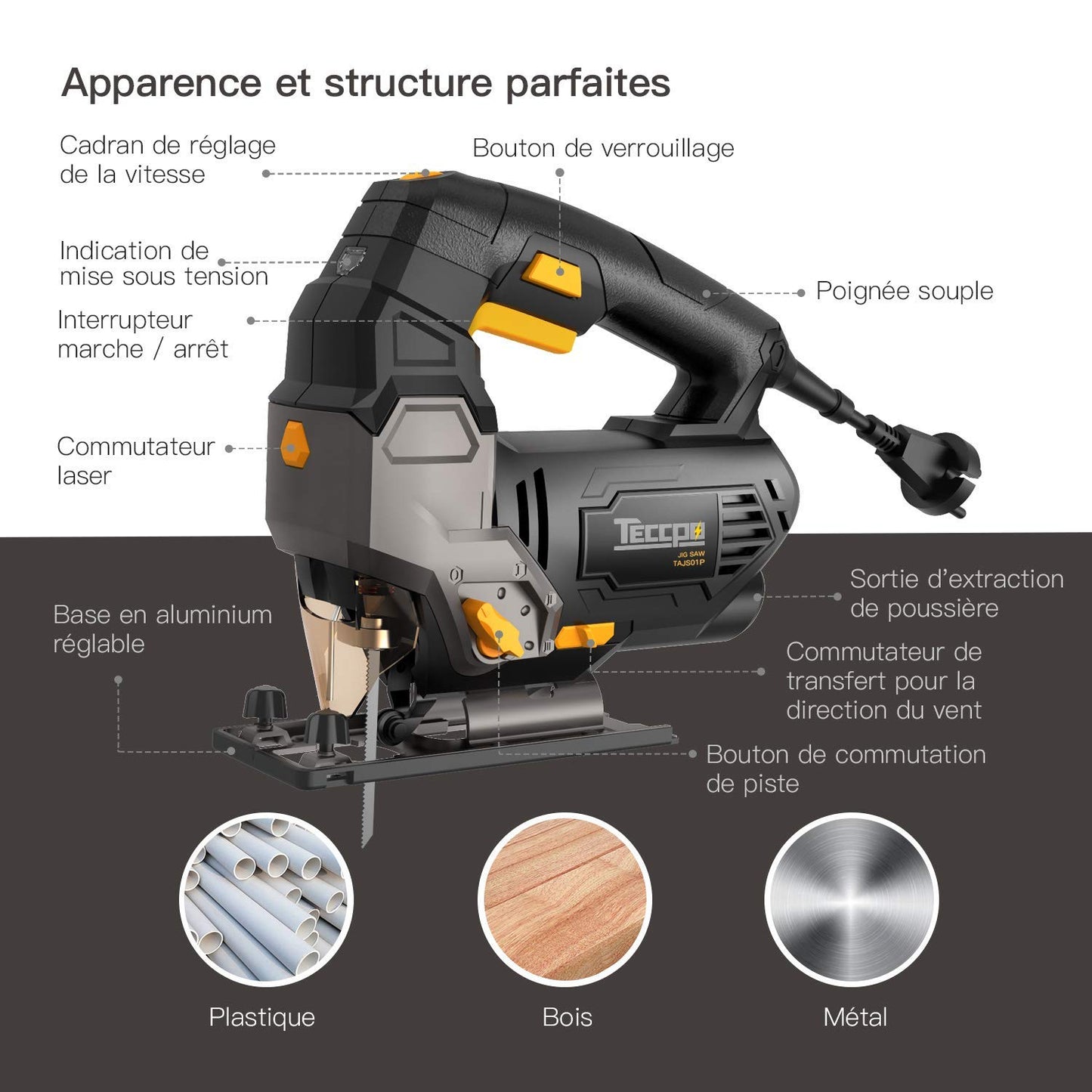 Scies Sauteuses, TECCPO Professional 800W Scie Sauteuse électrique, Hauteur de Course 22mm, 3000SPM, Angle Max 45°, 6 Vitesses, avec Guide Laser - TAJS01P