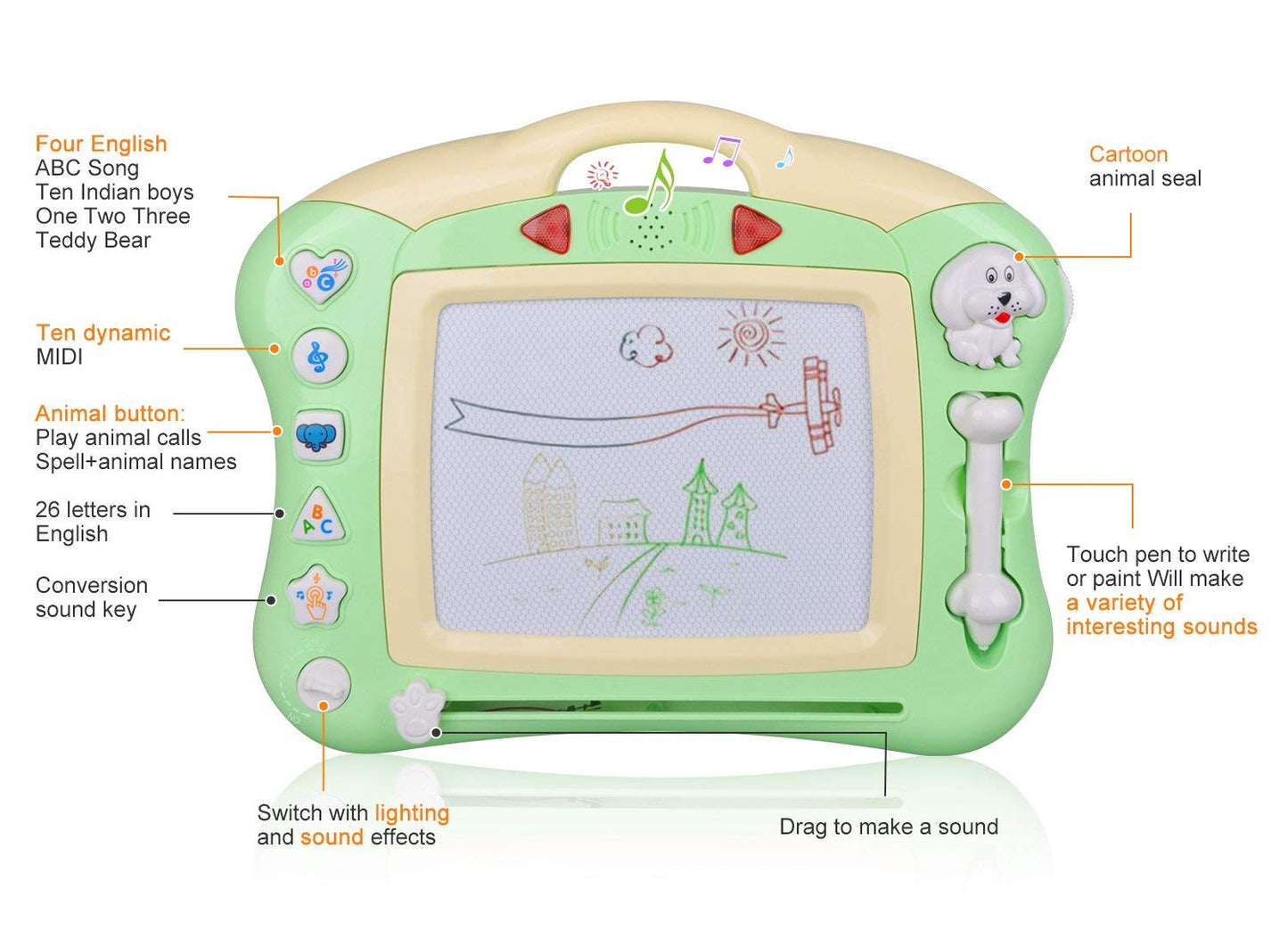 Meland Magnetic Drawing Board - Magna Drawing Doodle Board for Kids Toddlers with Light and Music (Green)