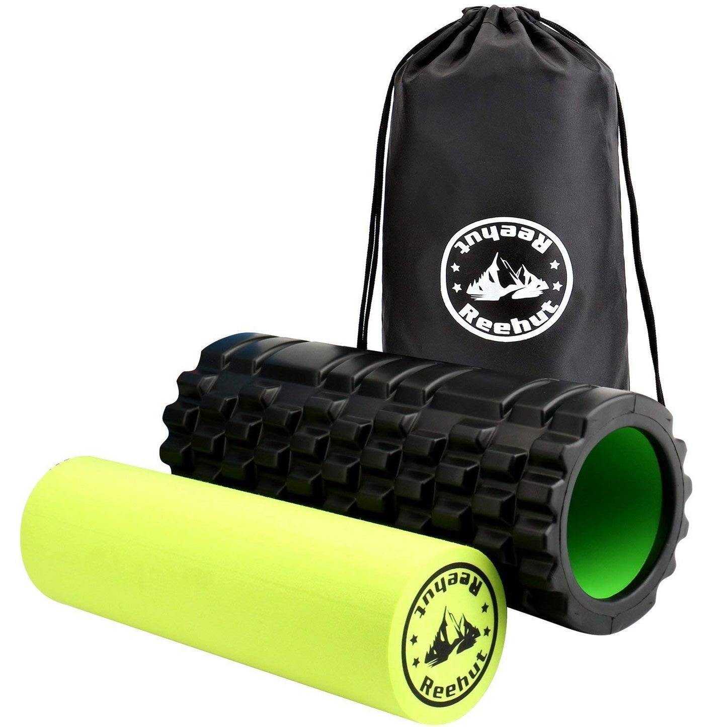 Reehut 2-in-1 Foam Roller Trigger Point Massage for Painful, Tight Muscles + Smooth Rollers for Rehabilitation! Free User E-Book + Free Carry CASE! Black