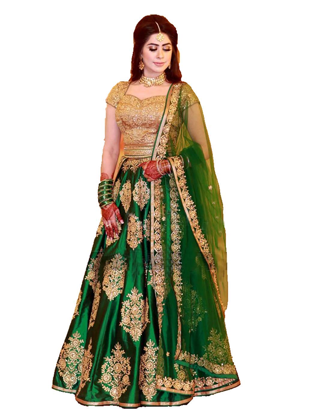 Red lion enterprise Women's Australian Silk Semi-stitched Anarkali Crop Top (Green, 24W x 32 L)