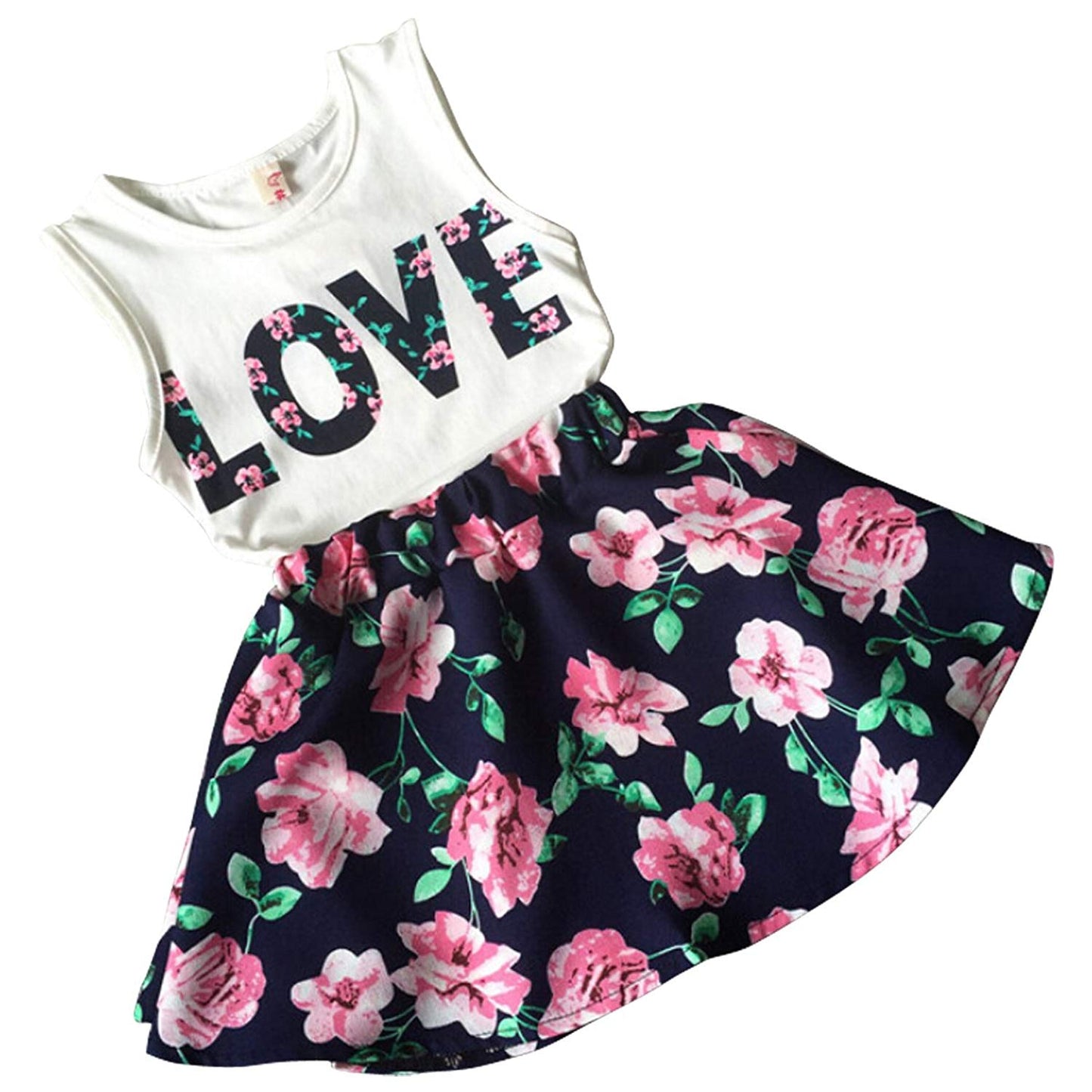 Jastore Girls Letter Love Flower Clothing Sets Top+Short Skirt Kids Clothes (3-4T)