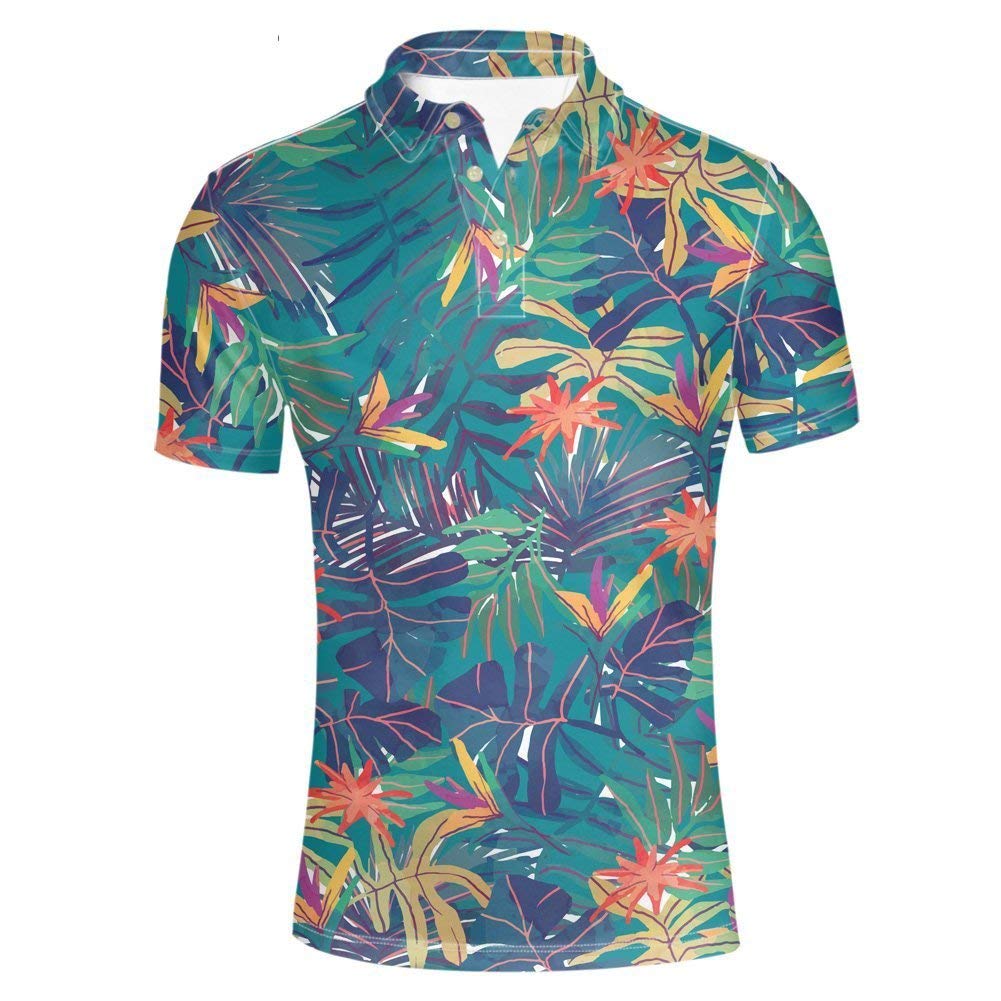 HUGS IDEA Men's Peerformance Jersey Polos Shirt Hawaiian Short Sleeve Leaves Pattern T-Shirts Breathable Athletic Sport Tee