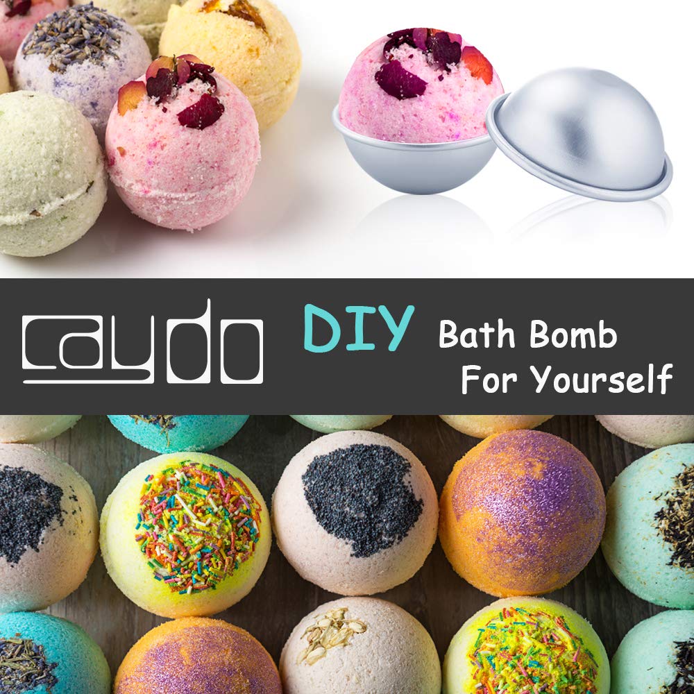 Caydo 176 Pieces DIY Bath Bomb Molds Set with Instructions Including 12 Pieces 3 Size DIY Metal Bath Bomb Molds Spoons Wrapping papers Shrink Wrap Bags for Crafting Your Own Fizzies