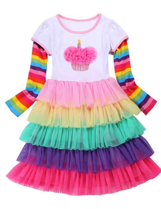 Fubin Pompomkid Vintage Print Foral High Low Flying Sleeve Girl Dress Princess Clothes
