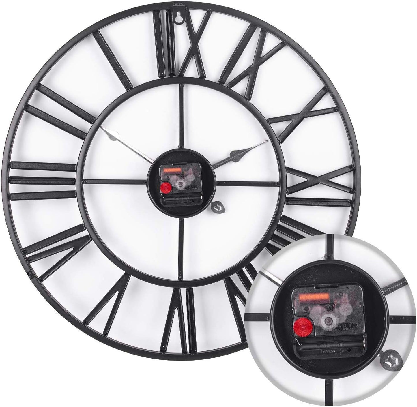 60cm Large Home Decor Wall Clock for Living Room Non Ticking Iron Art Clocks Roman Numeral,Retro Distressed Metal,Oversized (60cm, Black)