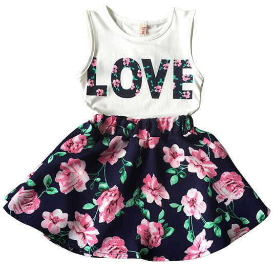 Jastore Girls Letter Love Flower Clothing Sets Top+Short Skirt Kids Clothes (3-4T)