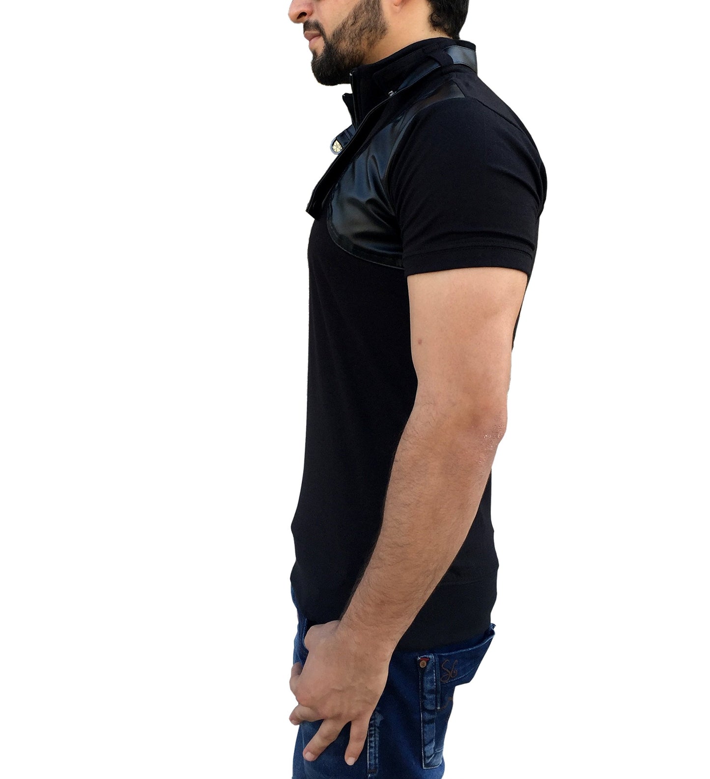 Tees Collection Men's Stylish Leather Flap Dragon Neck T-Shirt (Black_TCLF001)