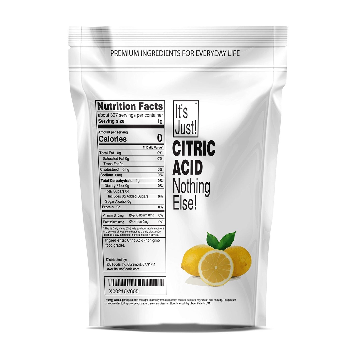 It's Just - Citric Acid (Food Grade) Non-GMO, Make Your Own, Bath Bombs, Sour Drinks, Household Cleaning (14oz)