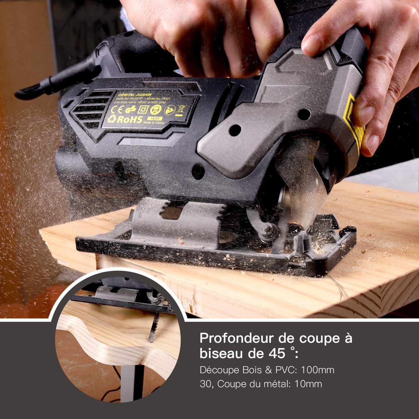 Scies Sauteuses, TECCPO Professional 800W Scie Sauteuse électrique, Hauteur de Course 22mm, 3000SPM, Angle Max 45°, 6 Vitesses, avec Guide Laser - TAJS01P