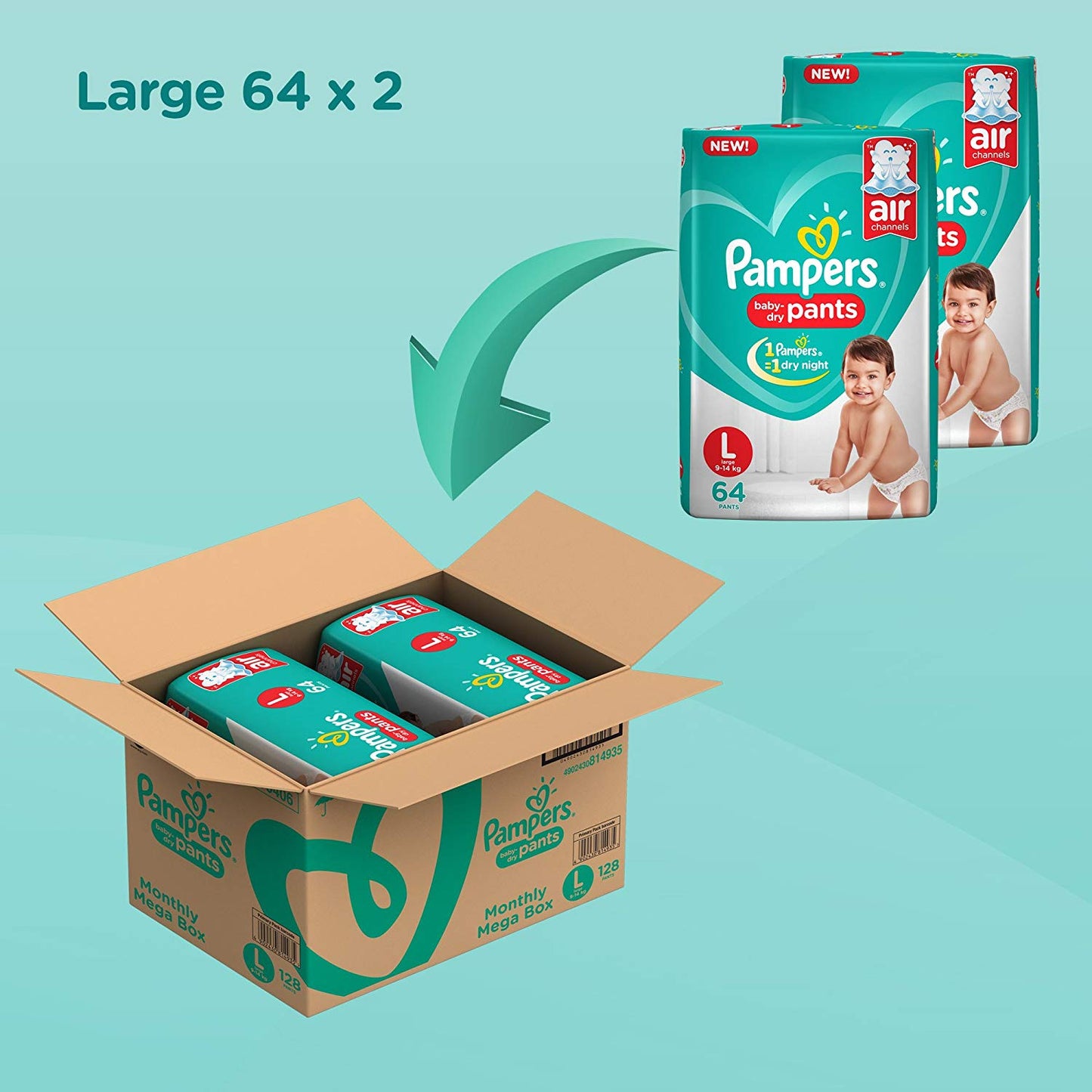 Pampers New Large Size Diapers Pants Monthly Box Pack, 128 Count