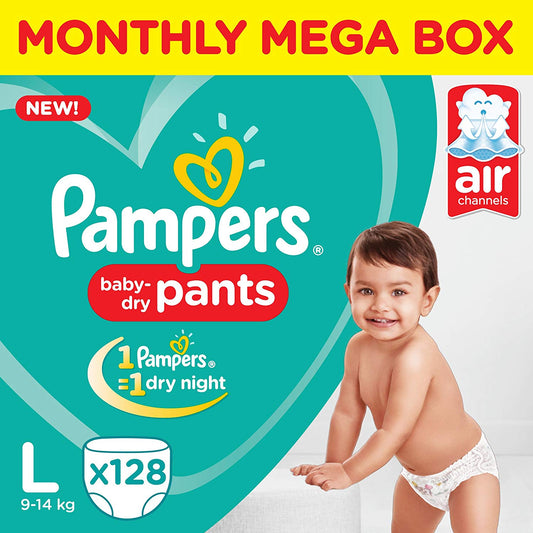 Pampers New Large Size Diapers Pants Monthly Box Pack, 128 Count