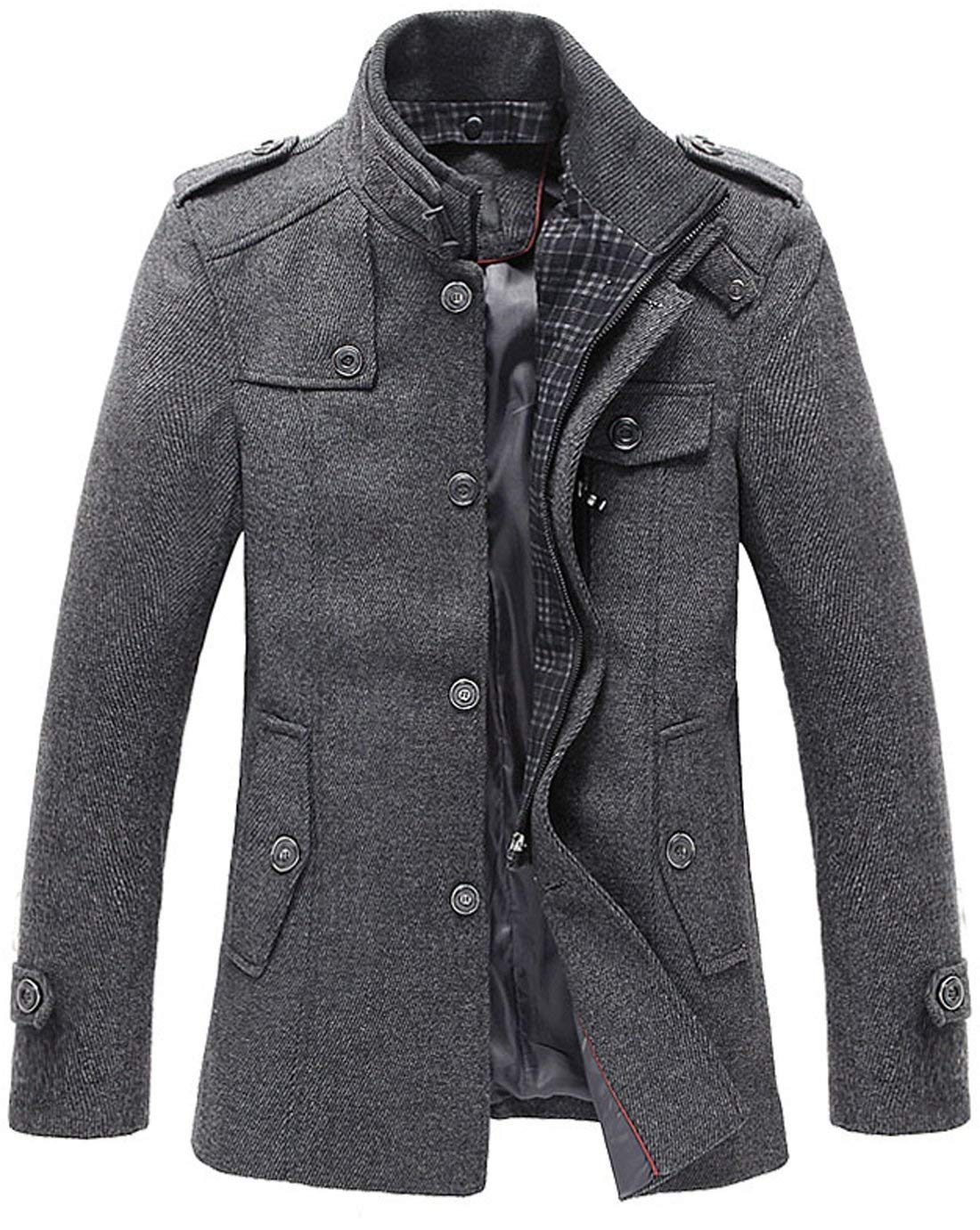 Chouyatou Men's Stand Collar Classic Pea Coat with Removable Inner Collar (Large, Gray)
