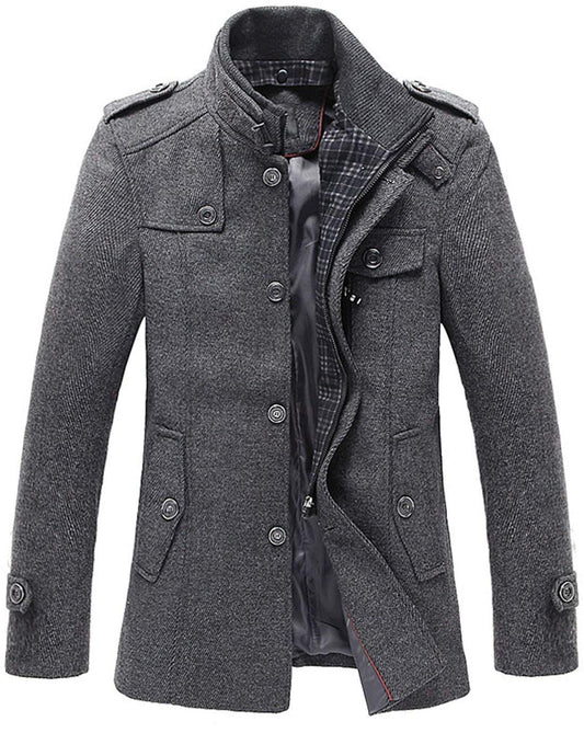 Chouyatou Men's Stand Collar Classic Pea Coat with Removable Inner Collar (Large, Gray)