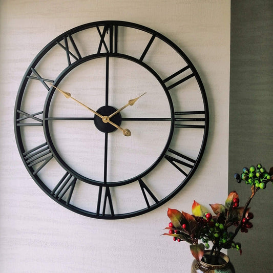 60cm Large Home Decor Wall Clock for Living Room Non Ticking Iron Art Clocks Roman Numeral,Retro Distressed Metal,Oversized (60cm, Black)