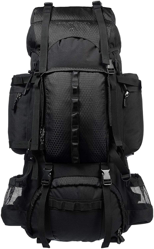 AmazonBasics Sac à dos de randonnée à armature intérieure avec housse de pluie, 75 L, Noir