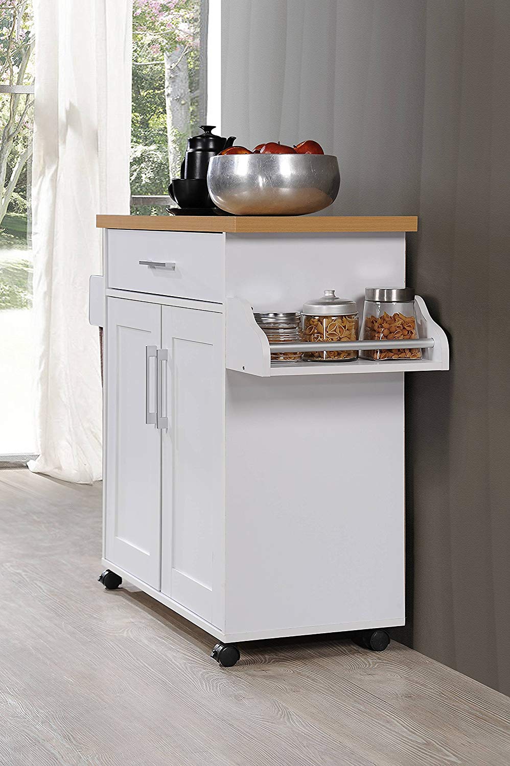 Hodedah Kitchen Island with Spice Rack, Towel Rack & Drawer, White with Beech Top