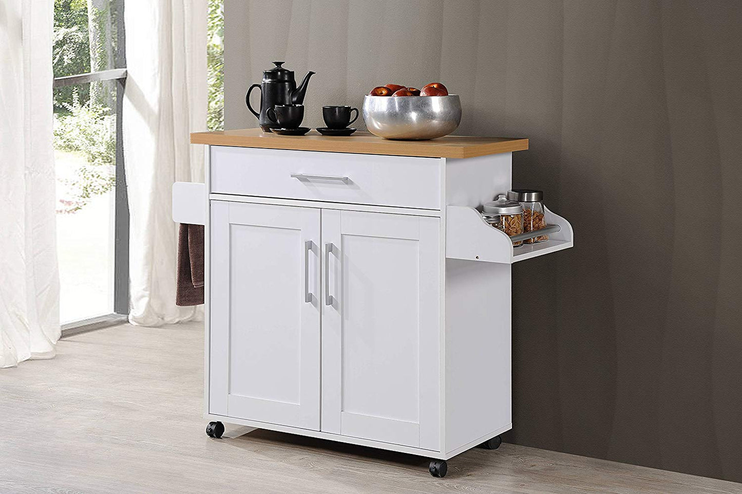 Hodedah Kitchen Island with Spice Rack, Towel Rack & Drawer, White with Beech Top