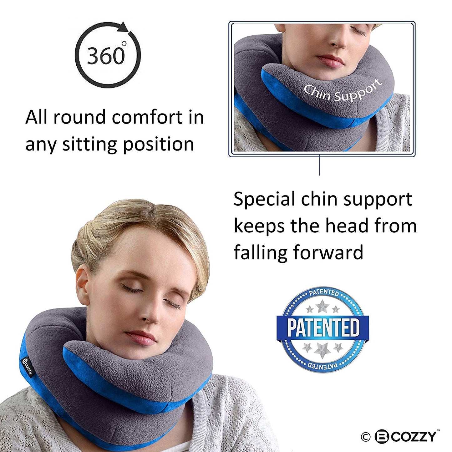 BCOZZY Chin Supporting Travel Neck Pillow - Supports The Head, Neck and Chin in Maximum Comfort in Any Sitting Position. A Patented Product